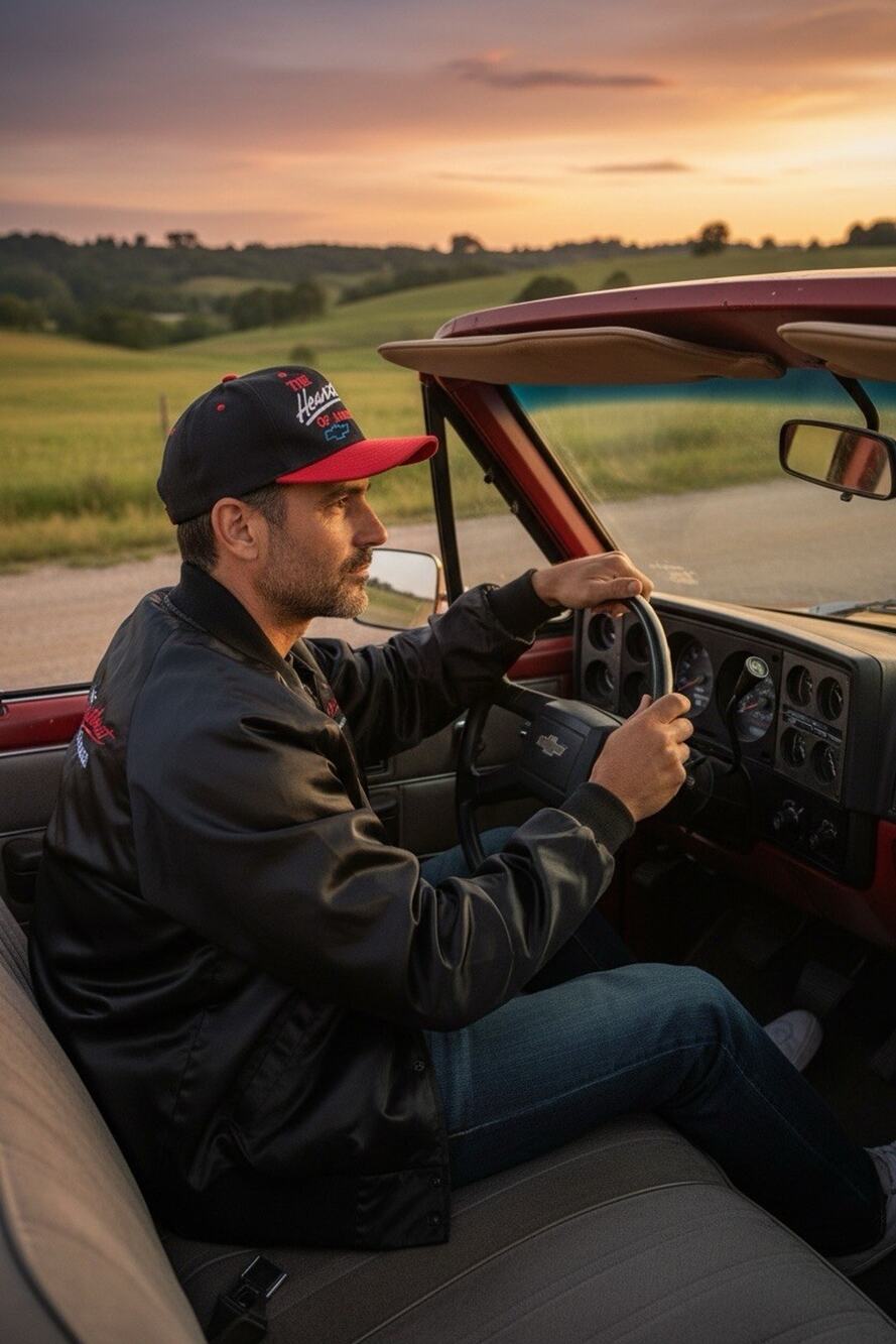 VTG 1980's Chevrolet "The Heartbeat of America" XL Satin Bomber Jacket & Cap